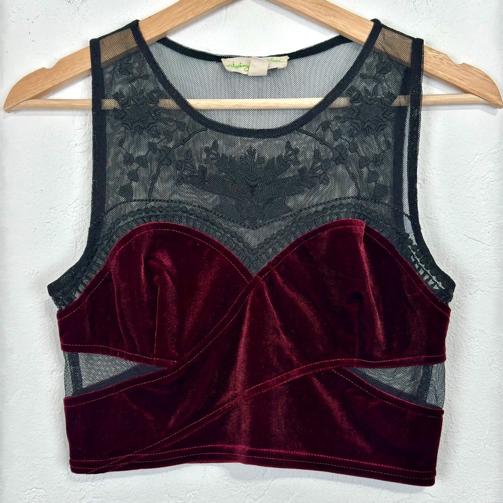 Whimsigoth Goth Witch Crop Top Sz Medium Burgundy Black Velvet Floral Lace Mesh